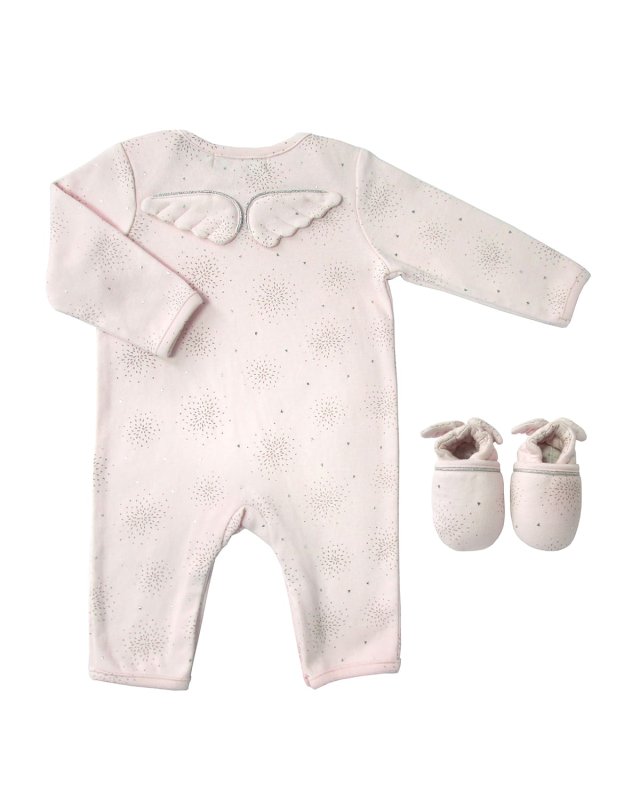 Stardust-Print Angel Wings Coverall w/ Matching Booties, Size 0-12 Months